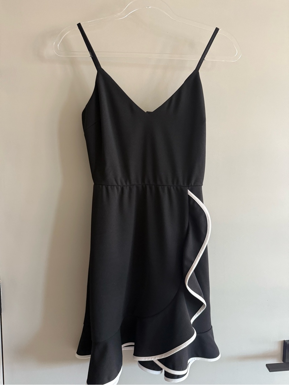Bloomingdale's AQUA Black Mini Wrap Dress with White Ruffle Trim | XS
